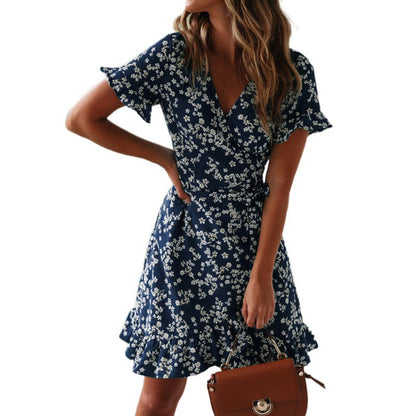 Damen Wickelkleid Voluminöse Rüschen Florales Design