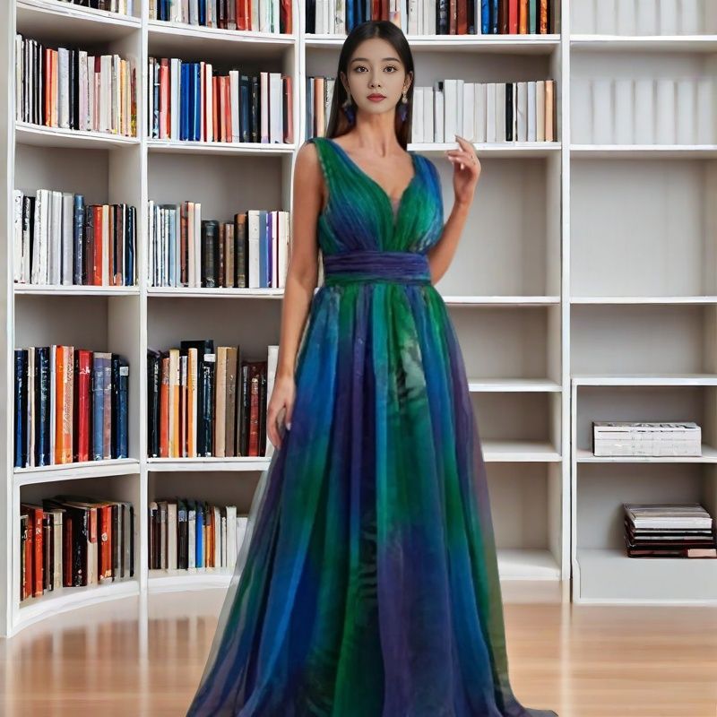 Damen Abendkleid Tüll V-Ausschnitt