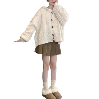 Damen Übergroße Strickjacke Kapuze Zopfmuster