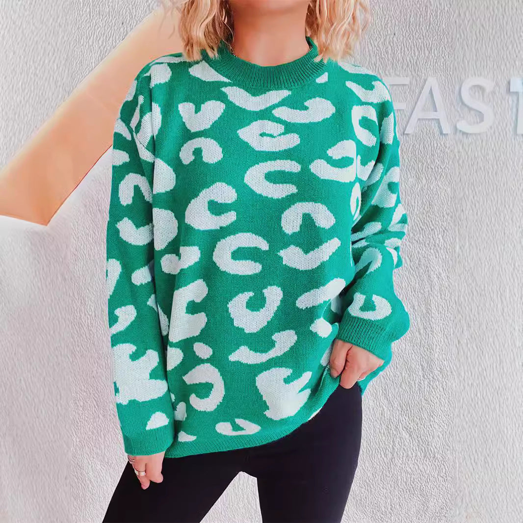 Damen Oversized Pullover Leopardenmuster Rundhals Schwarz - Norvielle