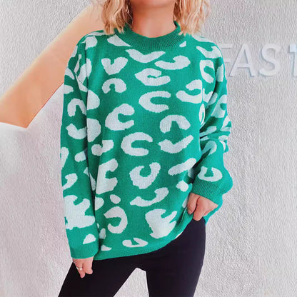 Damen Oversized Pullover Leopardenmuster Rundhals Schwarz - Norvielle
