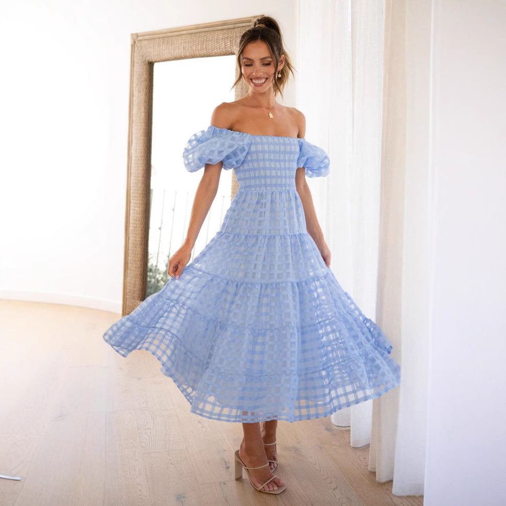 Damen Maxikleid Luftige Puffärmel Gerafftes Oberteil Norvielle