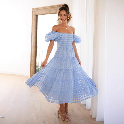 Damen Maxikleid Luftige Puffärmel Gerafftes Oberteil Norvielle