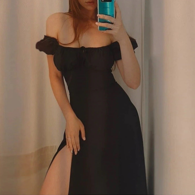 Damen Maxikleid Schulterfrei Puffärmel Norvielle