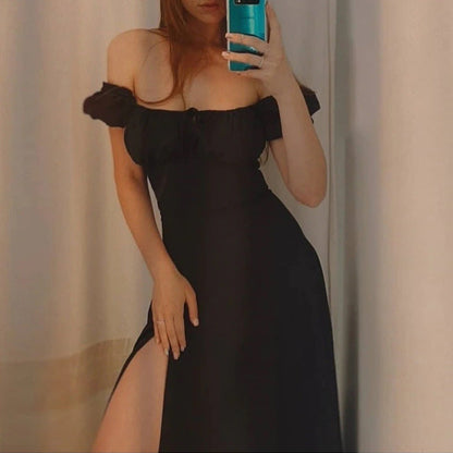 Damen Maxikleid Schulterfrei Puffärmel Norvielle