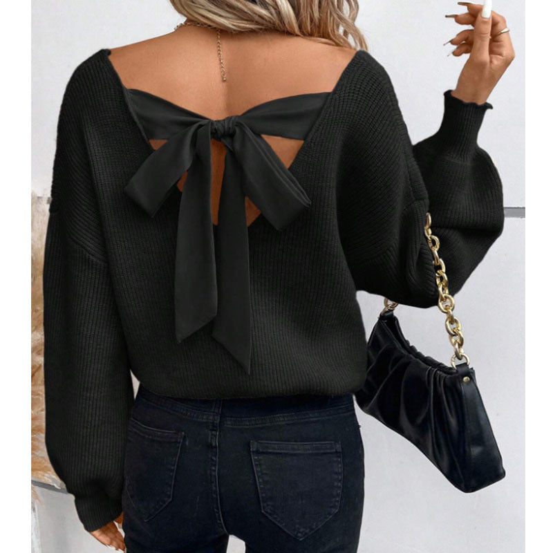 Damen Strickpullover V-Ausschnitt Dekoratives Schleifendetail