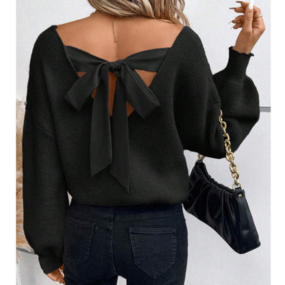 Damen Strickpullover V-Ausschnitt Dekoratives Schleifendetail