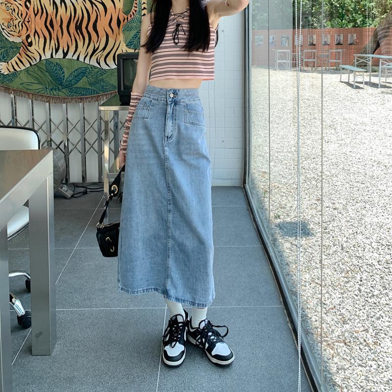 Damen Midi-Rock Denim Mit Schlitzen