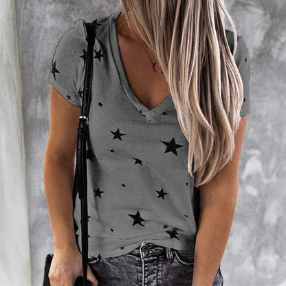 Damen T-Shirt V-Ausschnitt Sternenmotiv Lässig Weißen Norvielle