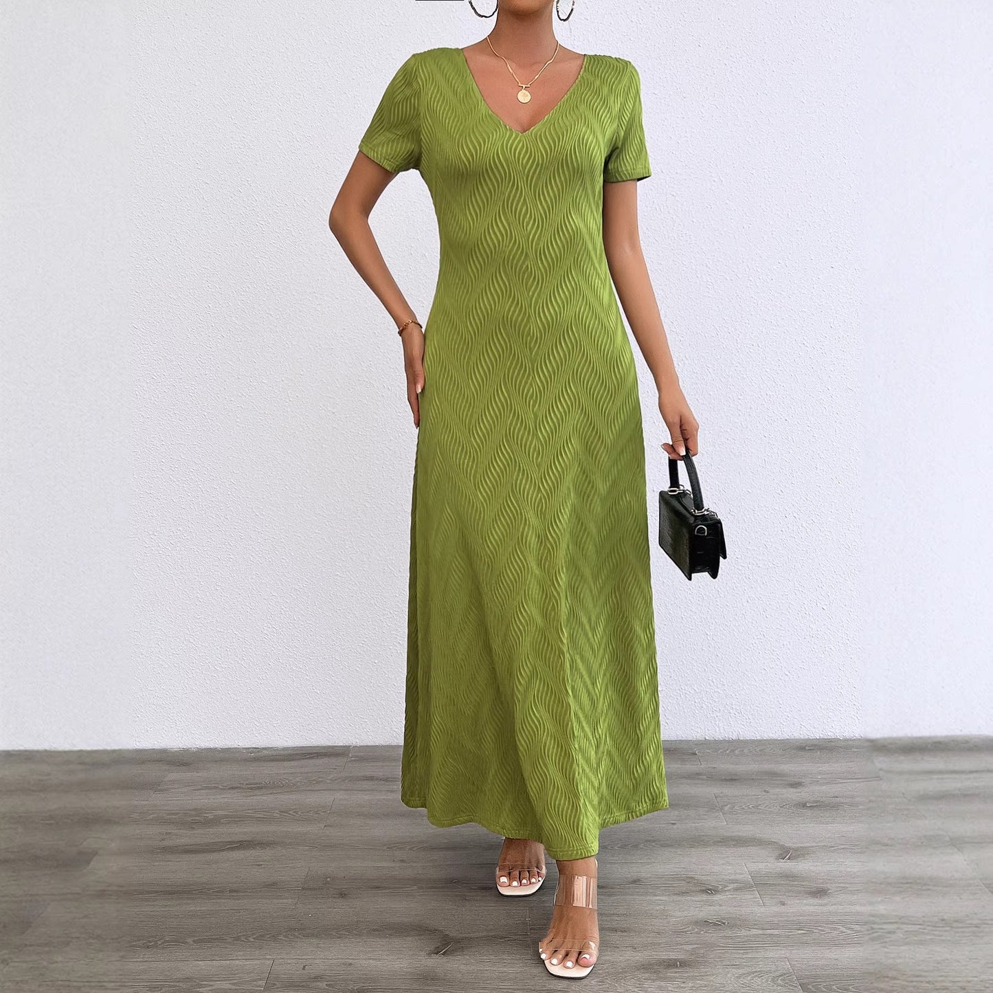 Damen Maxikleid Langarm Rippstruktur V-Ausschnitt Norvielle