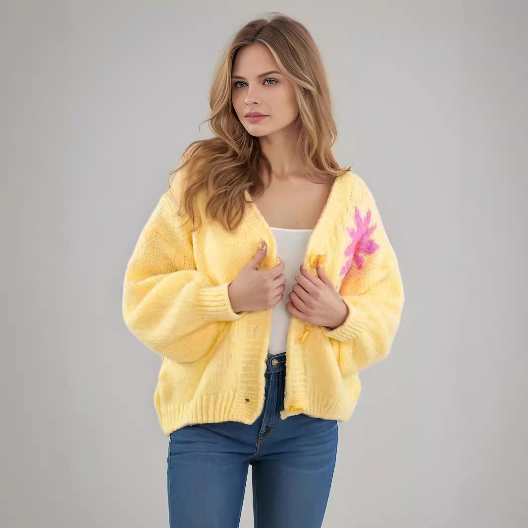 Damen Strickjacke Bunt Blumenmuster Große Knöpfe