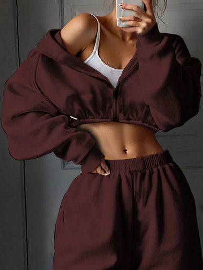 Damen Sportswear Set Cropped Sweatshirt High-Waist Jogginghose Grau