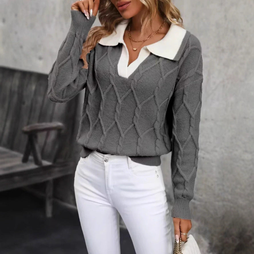Damen Strickpullover Klassischer Polokragen Rautenmuster