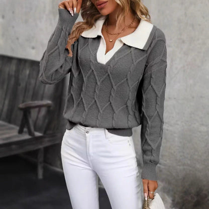 Damen Strickpullover Klassischer Polokragen Rautenmuster