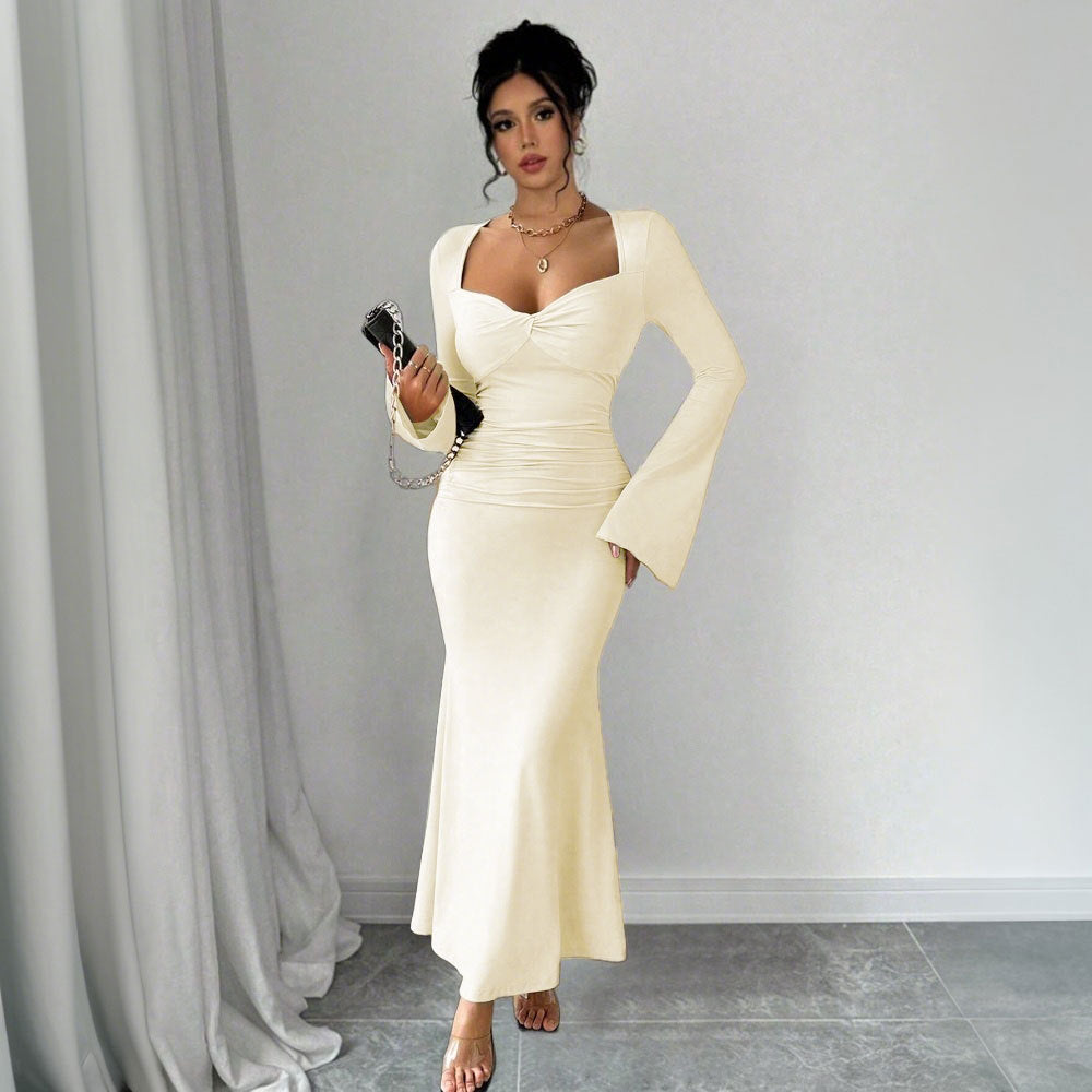 Damen Maxikleid Langärmlig V-Ausschnitt Raffung