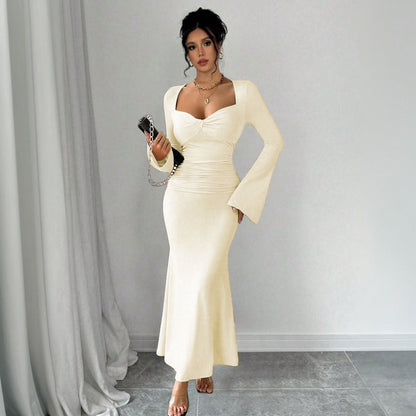 Damen Maxikleid Langärmlig V-Ausschnitt Raffung