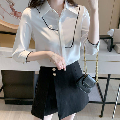 Damen Bluse Klassischer Kragen Kontrastpaspelierung Norvielle