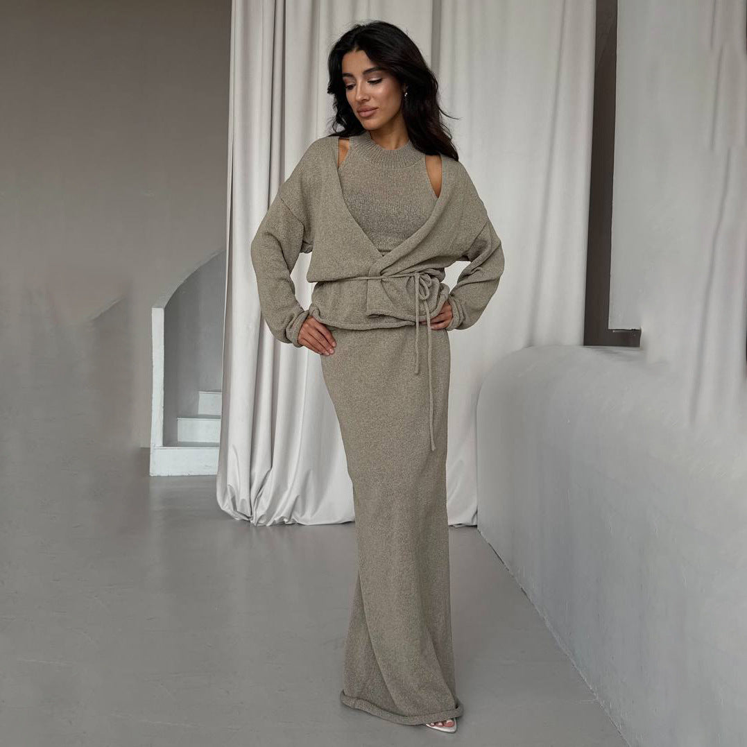 Damen Strickanzug Lang mit Bindegürtel Norvielle
