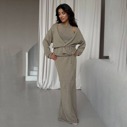Damen Strickanzug Lang mit Bindegürtel Norvielle