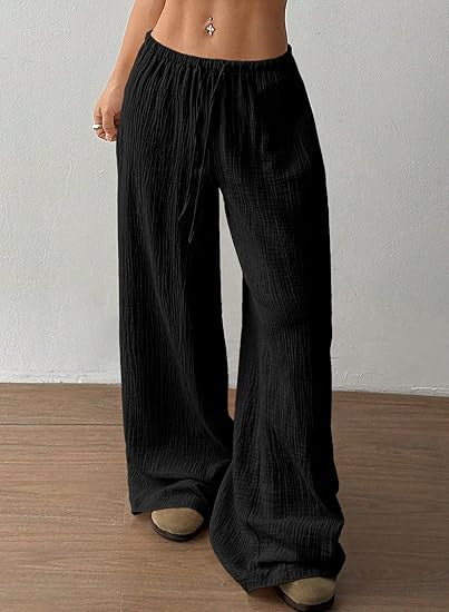 Damen Sommerhose Weite Luftige Baumwolle Kordelzug Beige