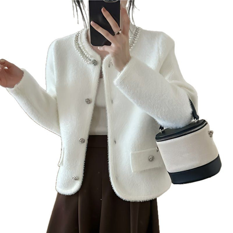Damen Strickjacke Flauschig Perlen Dekoration Norvielle