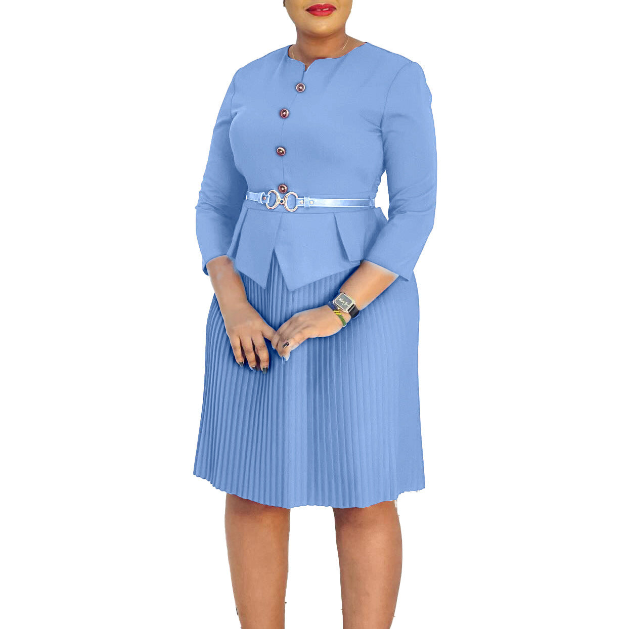Damen Plissee-Kleid mit Taillenbluse und Gürtel