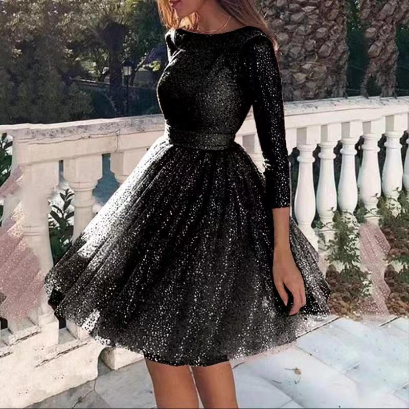 Damen Tüllkleid Glitzernd Elegant Langer Ärmel