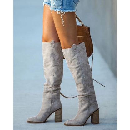 Damen Über-Knie-Stiefel Wildleder-Optik Blockabsatz