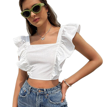 Damen Cropped Rüschendetails Quadrat-Ausschnitt Norvielle
