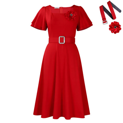 Damen Midi Kleid mit Ruffles Ausschnitt und Breitem Gürtel