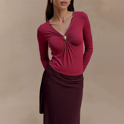 Damen Oberteil V-Ausschnitt mit Knotendetail Elegantes Design