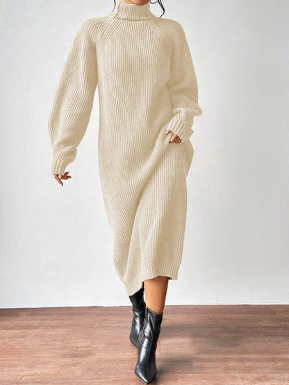 Damen Strickkleid Hochgeschlossener Kragen Weite Passform Beige