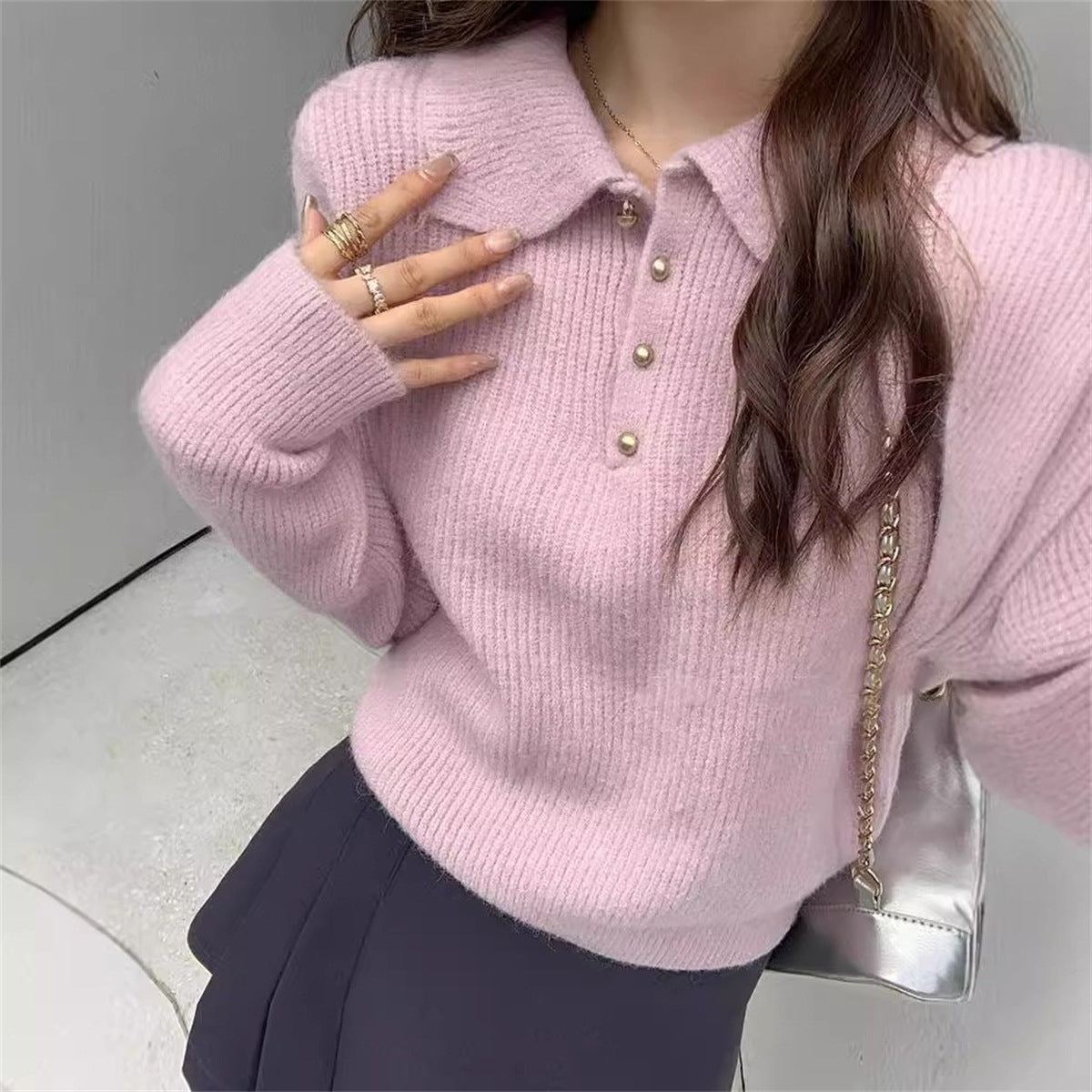 Damen Pullover Strukturiert Polo-Kragen Knöpfe Beige