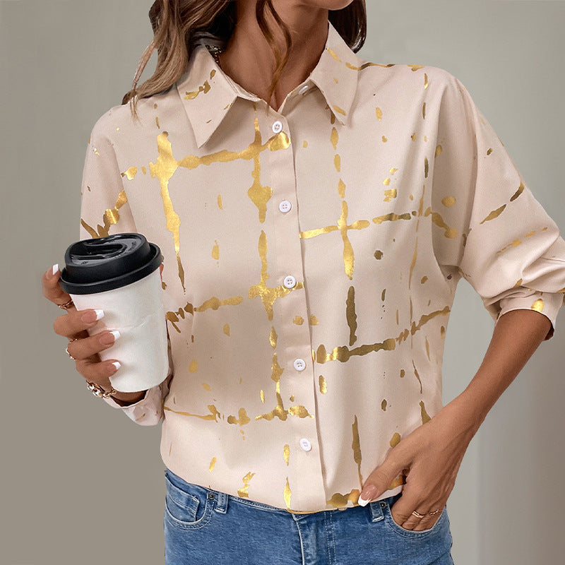 Damen Bluse Elegantes Goldmuster Langer Ärmel