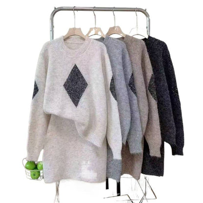 Damen Strickpullover Diamantmuster Gemütlich Norvielle
