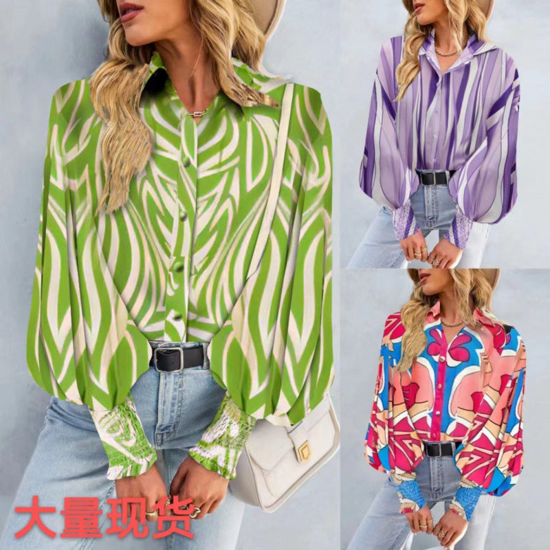 Damen Bluse Voluminöse Ärmel Modernes Muster Blau - Norvielle