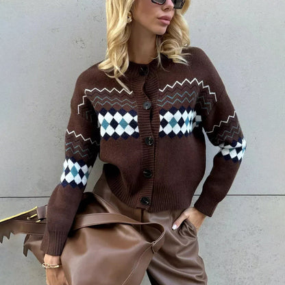Damen Strickjacke Rautenmuster Knopfverschluss Norvielle