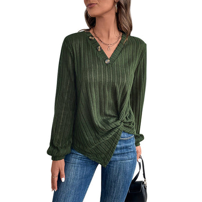 Damen Langarmshirt V-Ausschnitt Dekorative Knöpfe Norvielle