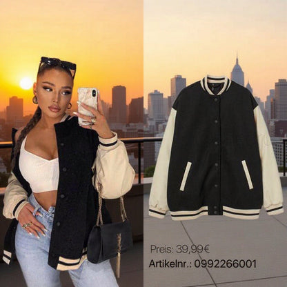 Damen Collegejacke Kontrastärmel Praktische Taschen Schwarz - Norvielle
