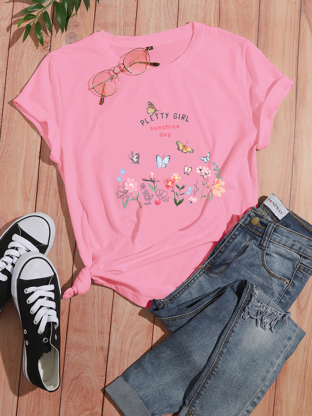 Damen T-Shirt Blumendruck Weiß