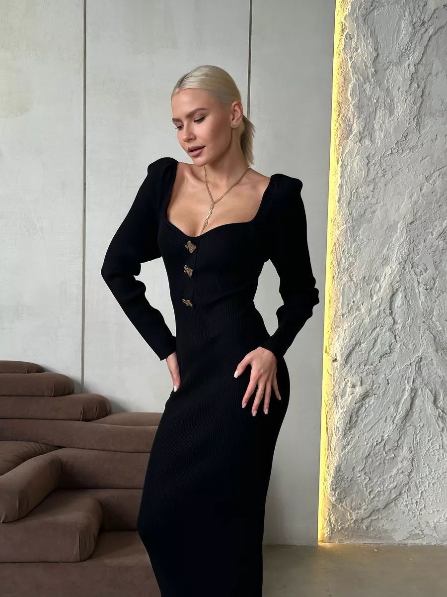 Damen Strickkleid V-Ausschnitt Dekorative Knöpfe