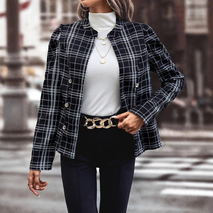 Damen Blazerjacke Kariert mit Knöpfen weiß