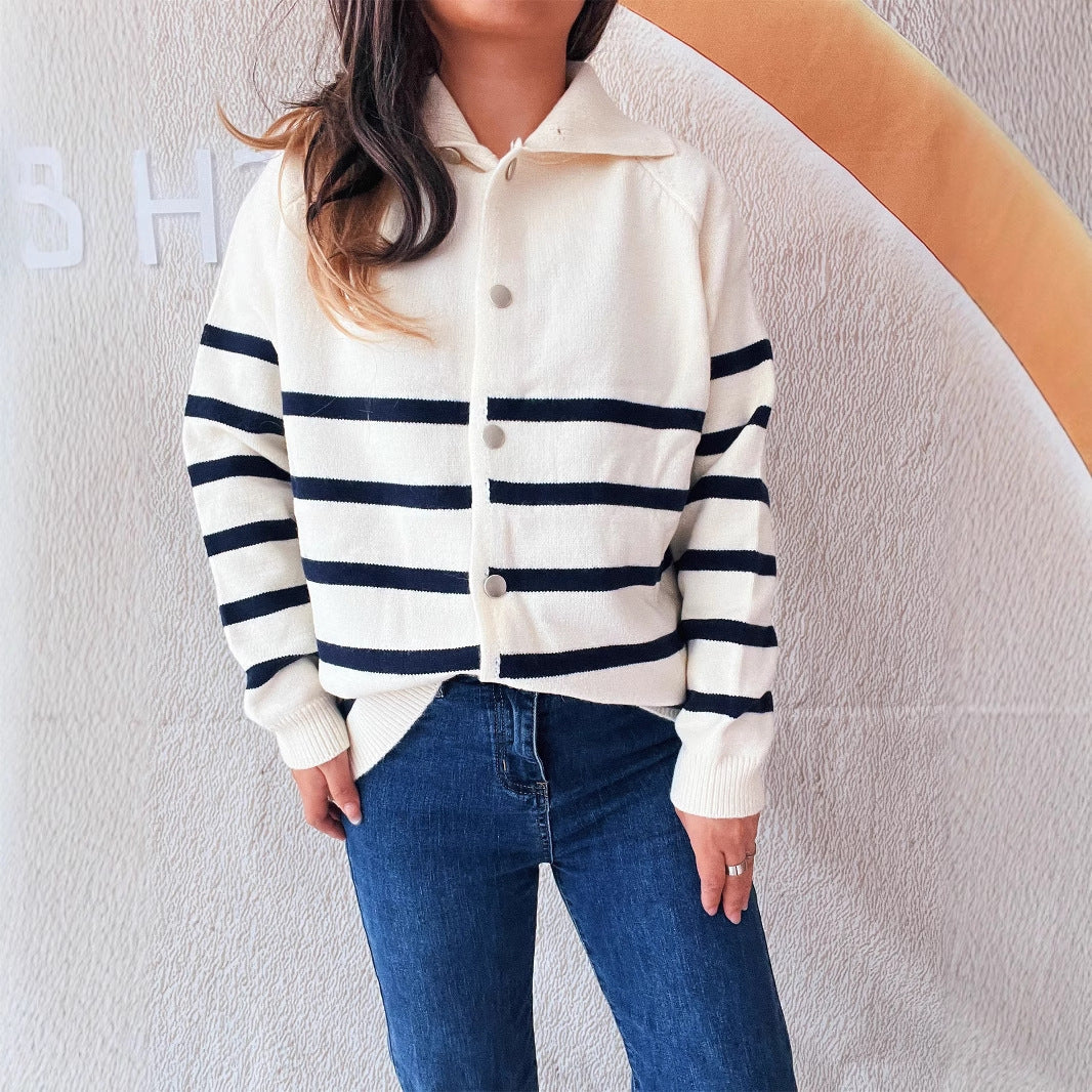 Damen Strickcardigan Gestreift Kapuze Knöpfe Beige