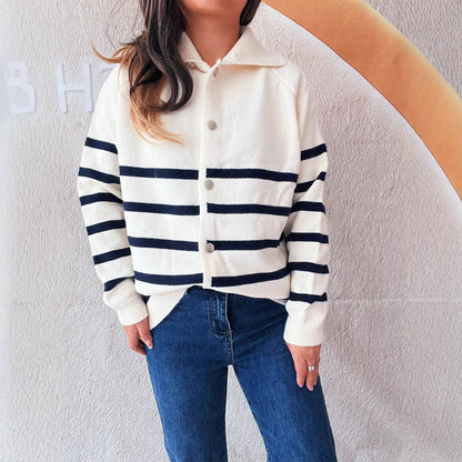Damen Strickcardigan Gestreift Kapuze Knöpfe Beige