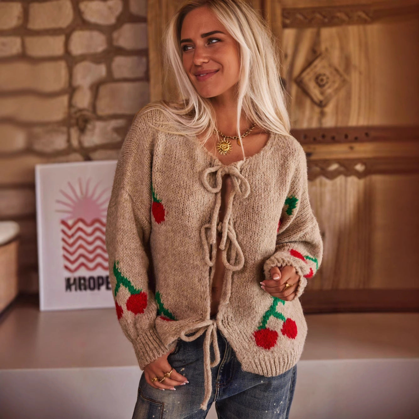Damen Strickjacke Kirschmotiv Kordelzug