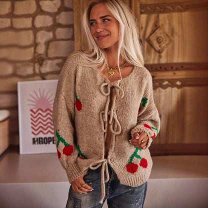 Damen Strickjacke Kirschmotiv Kordelzug