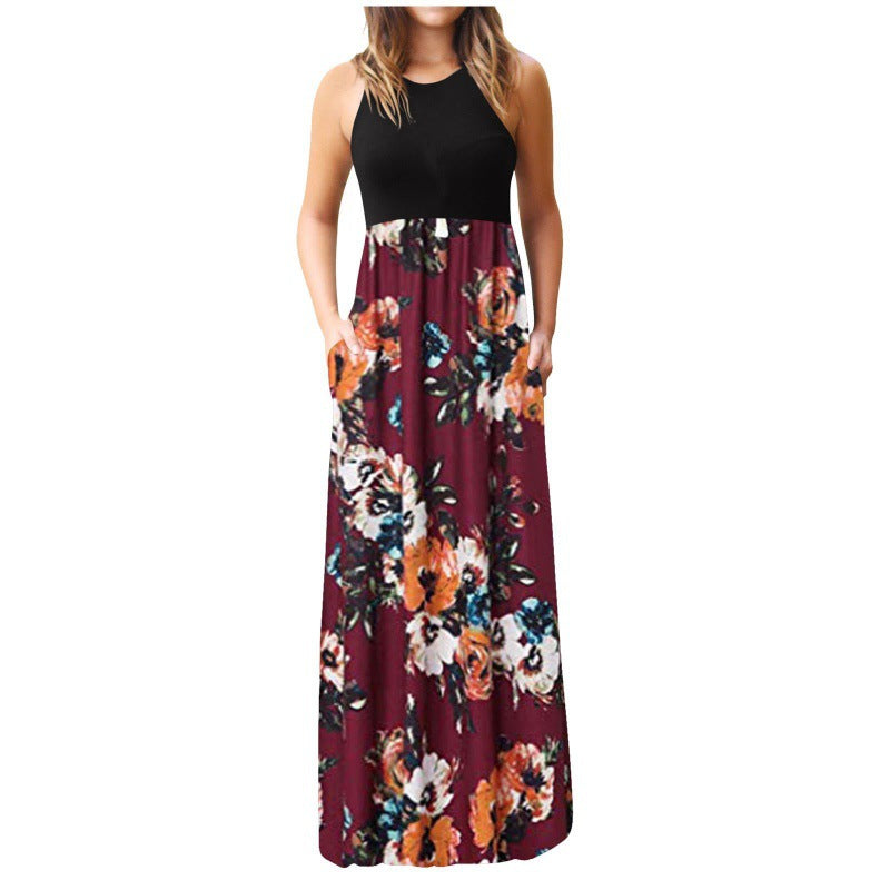 Damen Maxikleid Floralmuster Baumwolle Beige