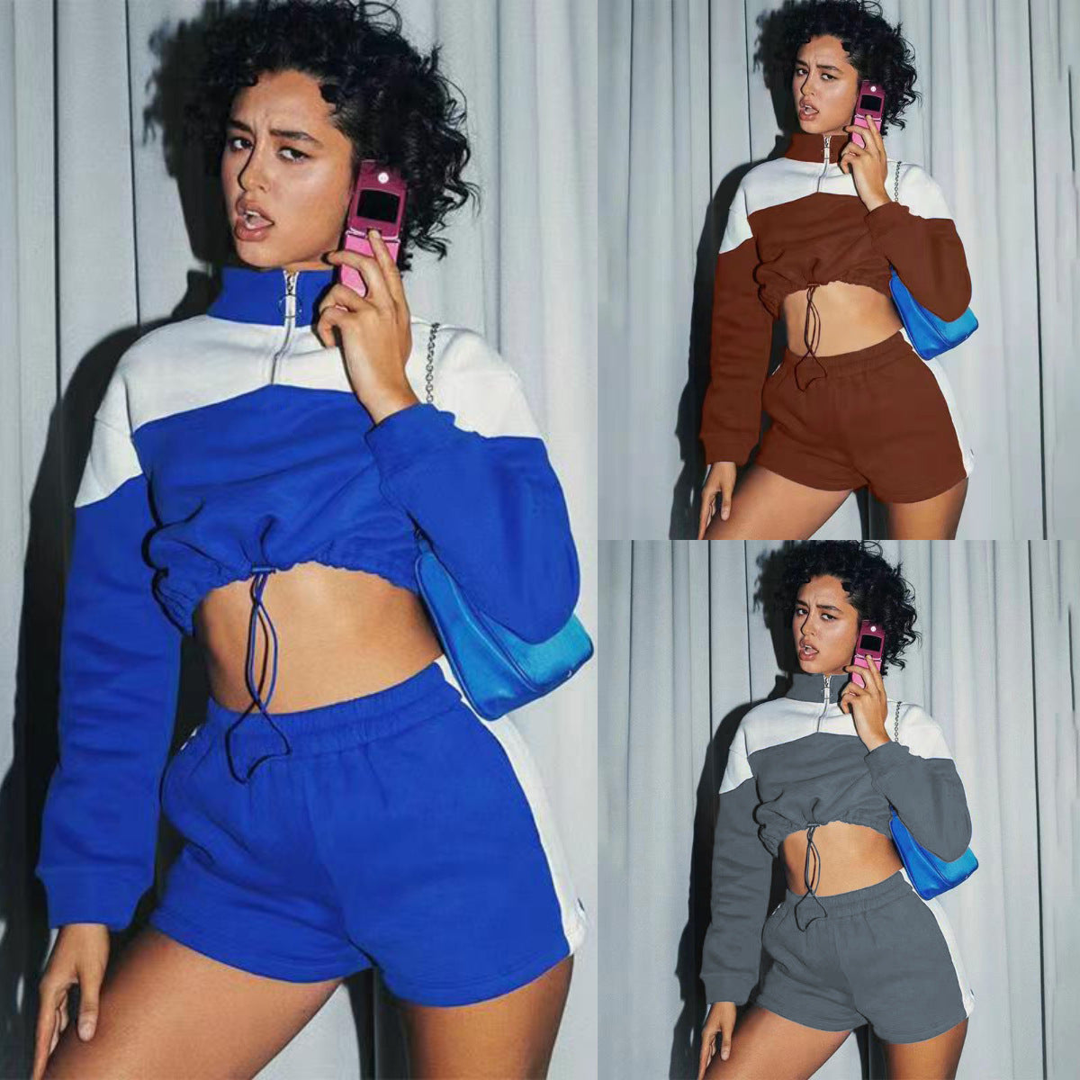 Damen Sportanzug Cropped Hochkragen Kordelzug Schwarz - Norvielle