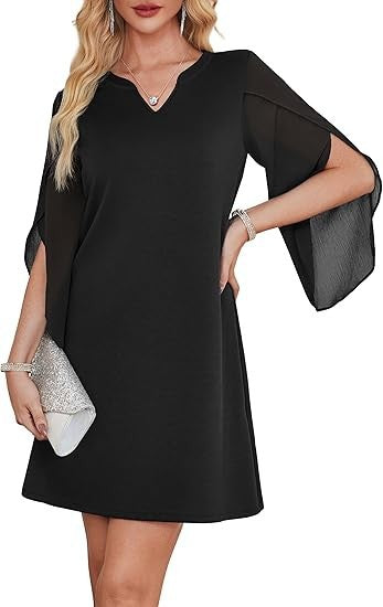 Damen V-Ausschnitt Kleid Durchsichtige Ärmel Norvielle