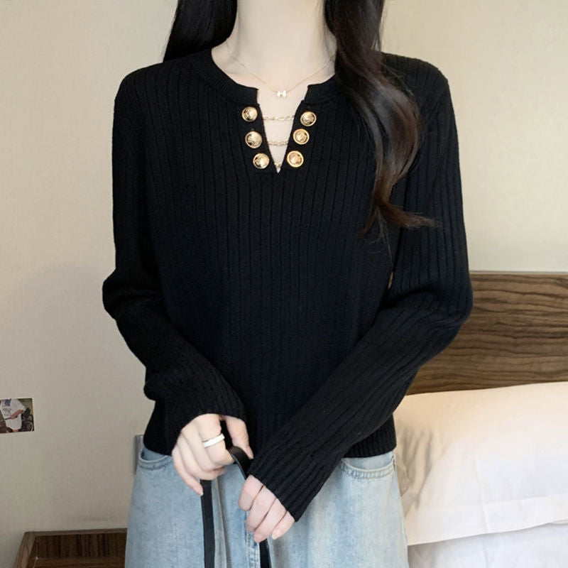 Damen Rippstrickpullover Dekorative Knöpfe Norvielle
